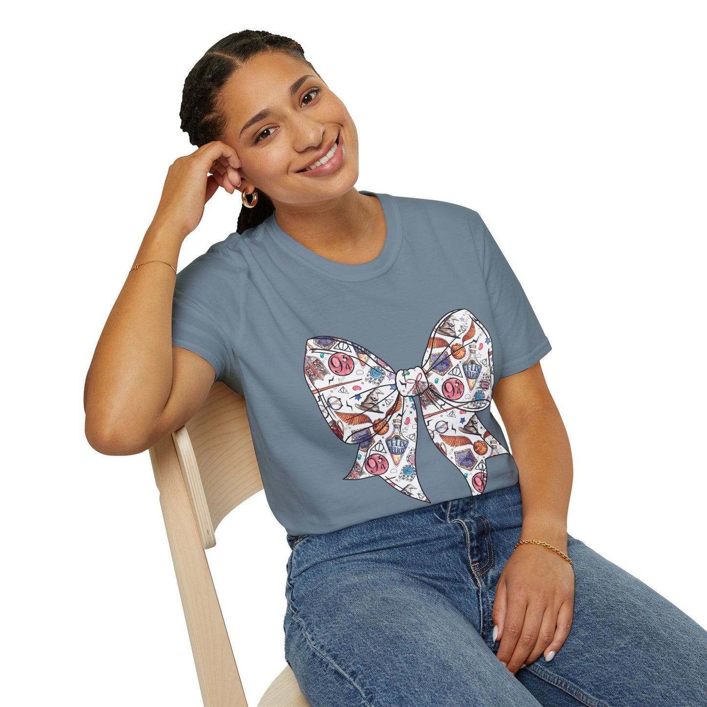 Colorful Magical Bow Tee - Unisex Softstyle T-Shirt, Harry Potter Shirt, Wizard Graphic Top, Hogwarts Tee, Magical Theme T-Shirt for Fans