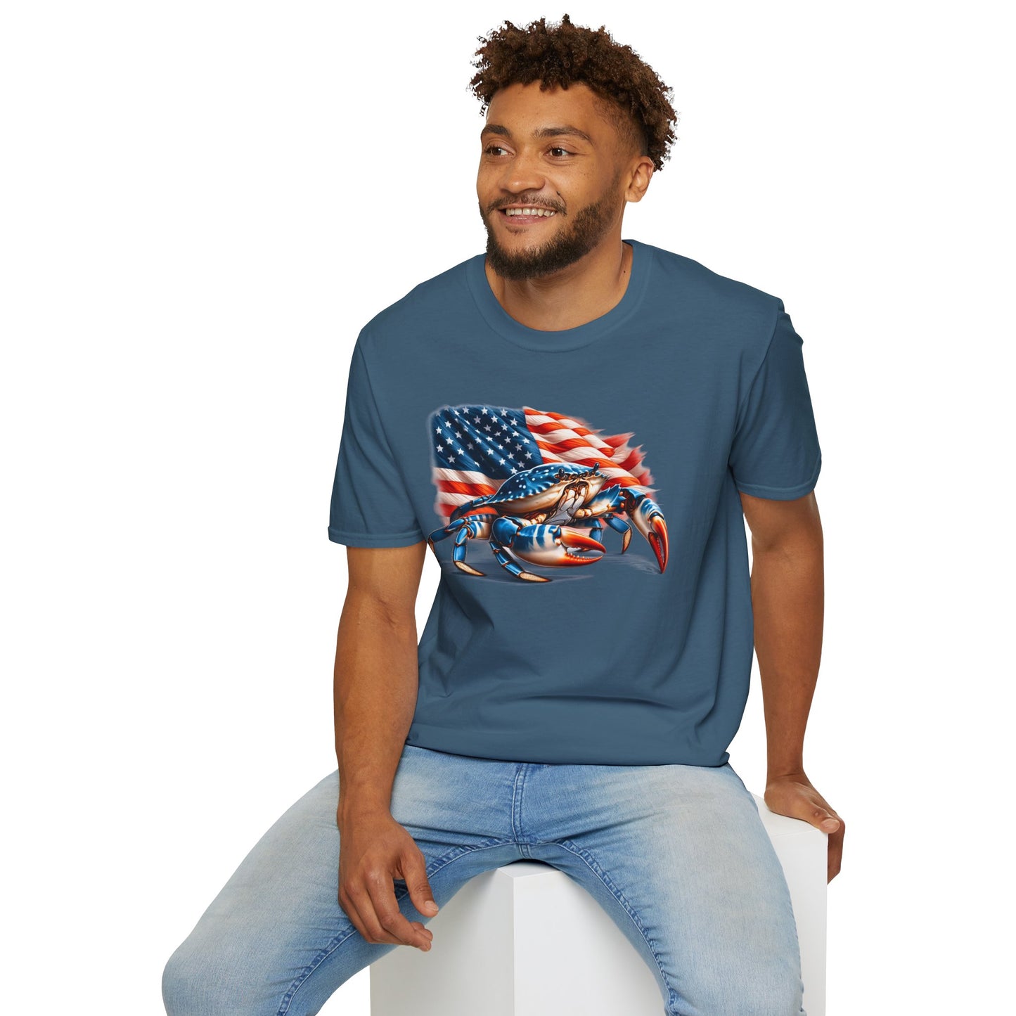 Patriotic Men's T-Shirt with Blue Crab and American Flag Design