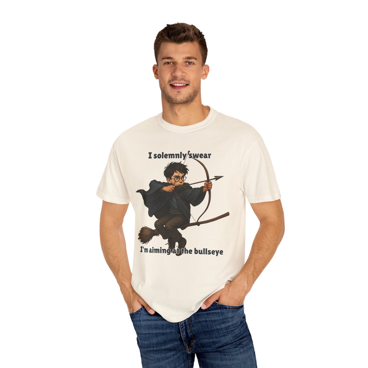 Humorous Wizard Archery T-Shirt, Quirky Gift for Fans, Magic Lover Tee, Cartoon Character Shirt, Ideal for Birthdays & Events