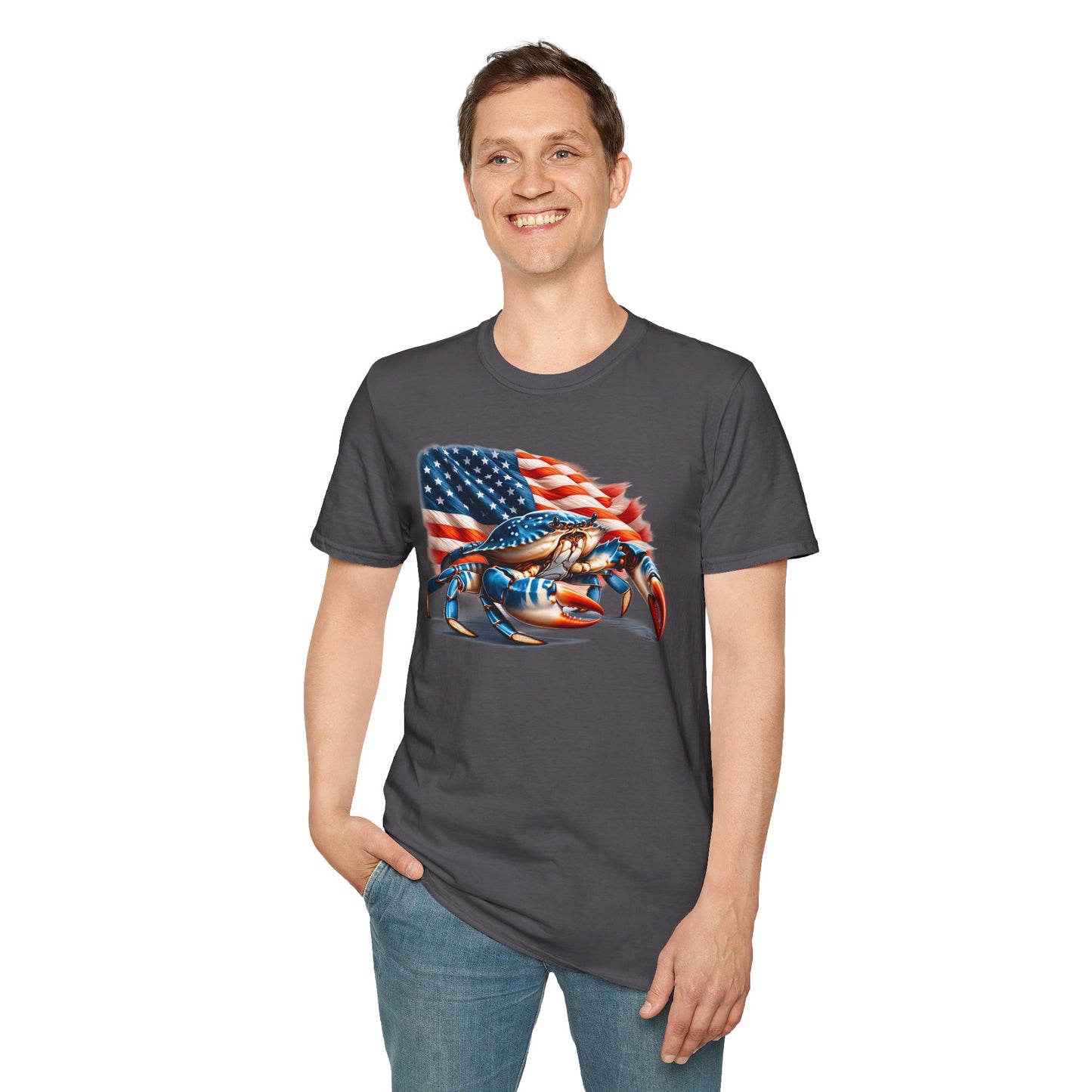 Patriotic Men's T-Shirt with Blue Crab and American Flag Design