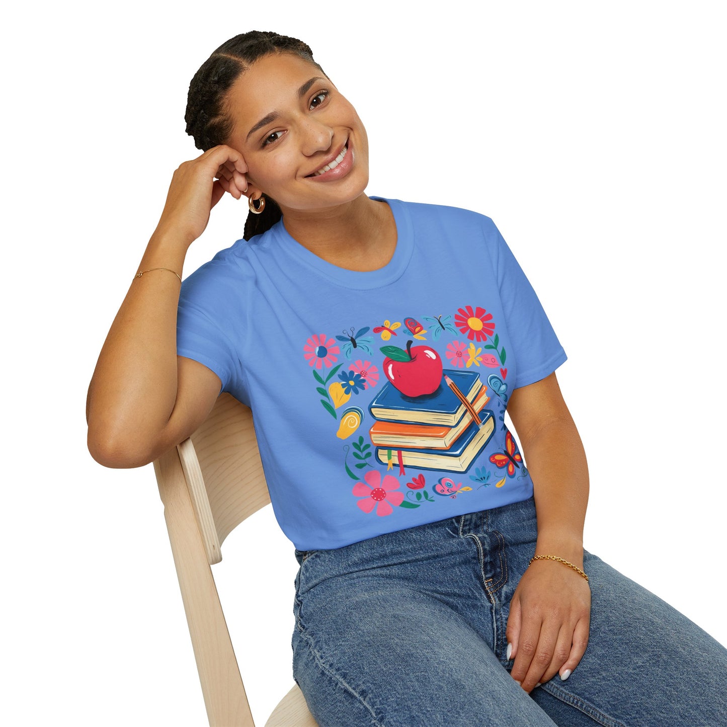 Colorful Apple and Books Unisex Softstyle T-Shirt - Perfect for Teachers and Students
