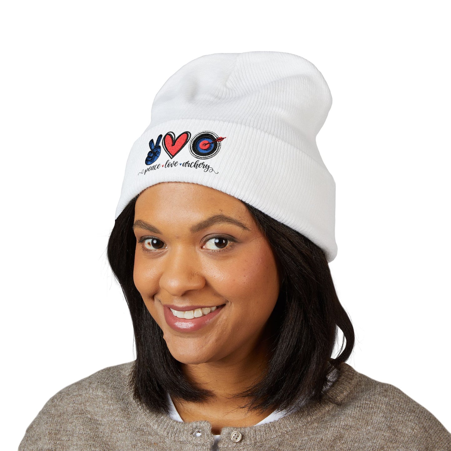 Embroidered Peace and Love Archery Cuffed Beanie | Cozy Winter Hat | Gift for Friends | Fashion Accessory | Trendy Headwear