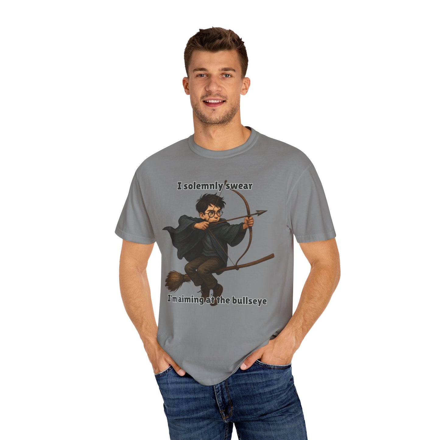 Humorous Wizard Archery T-Shirt, Quirky Gift for Fans, Magic Lover Tee, Cartoon Character Shirt, Ideal for Birthdays & Events