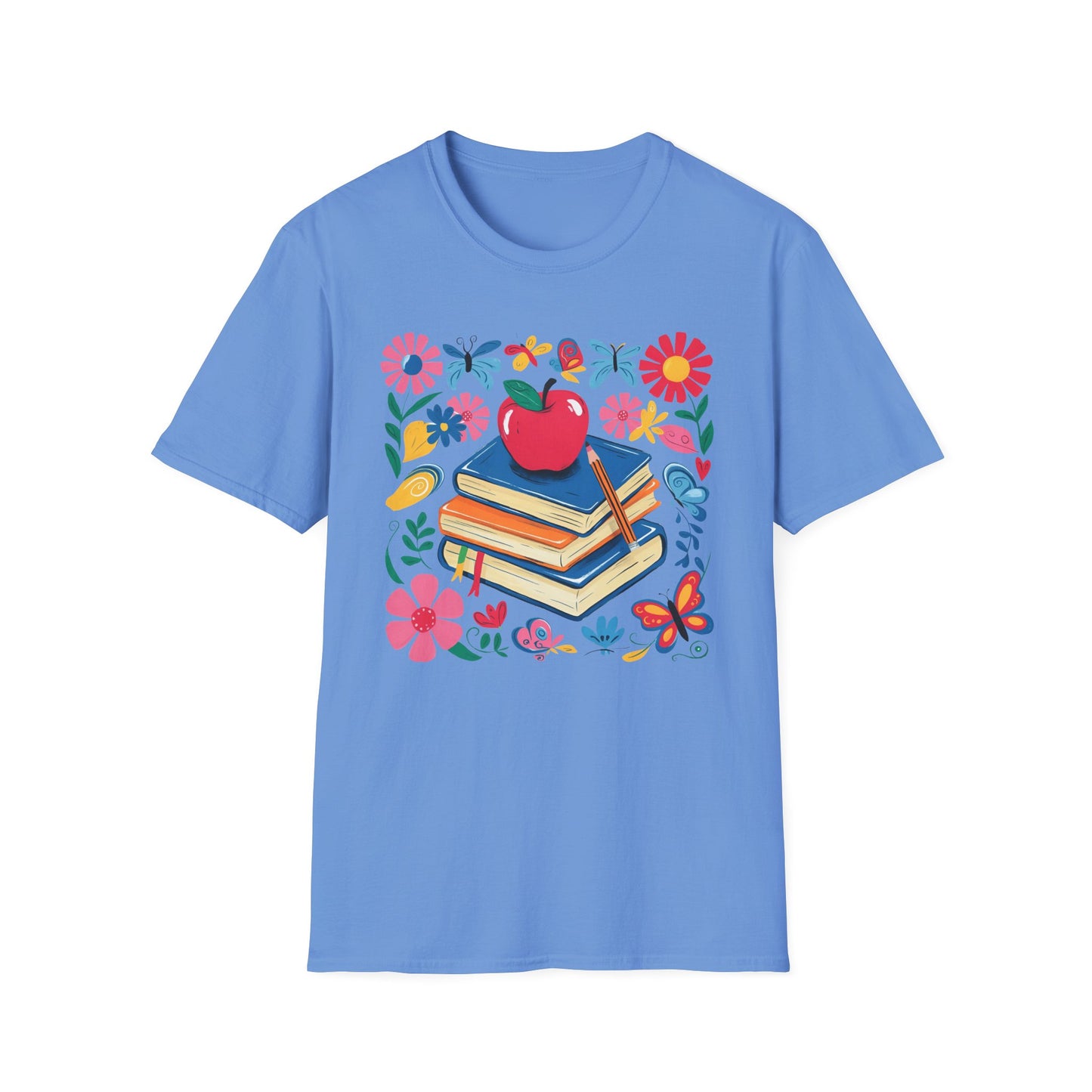 Colorful Apple and Books Unisex Softstyle T-Shirt - Perfect for Teachers and Students
