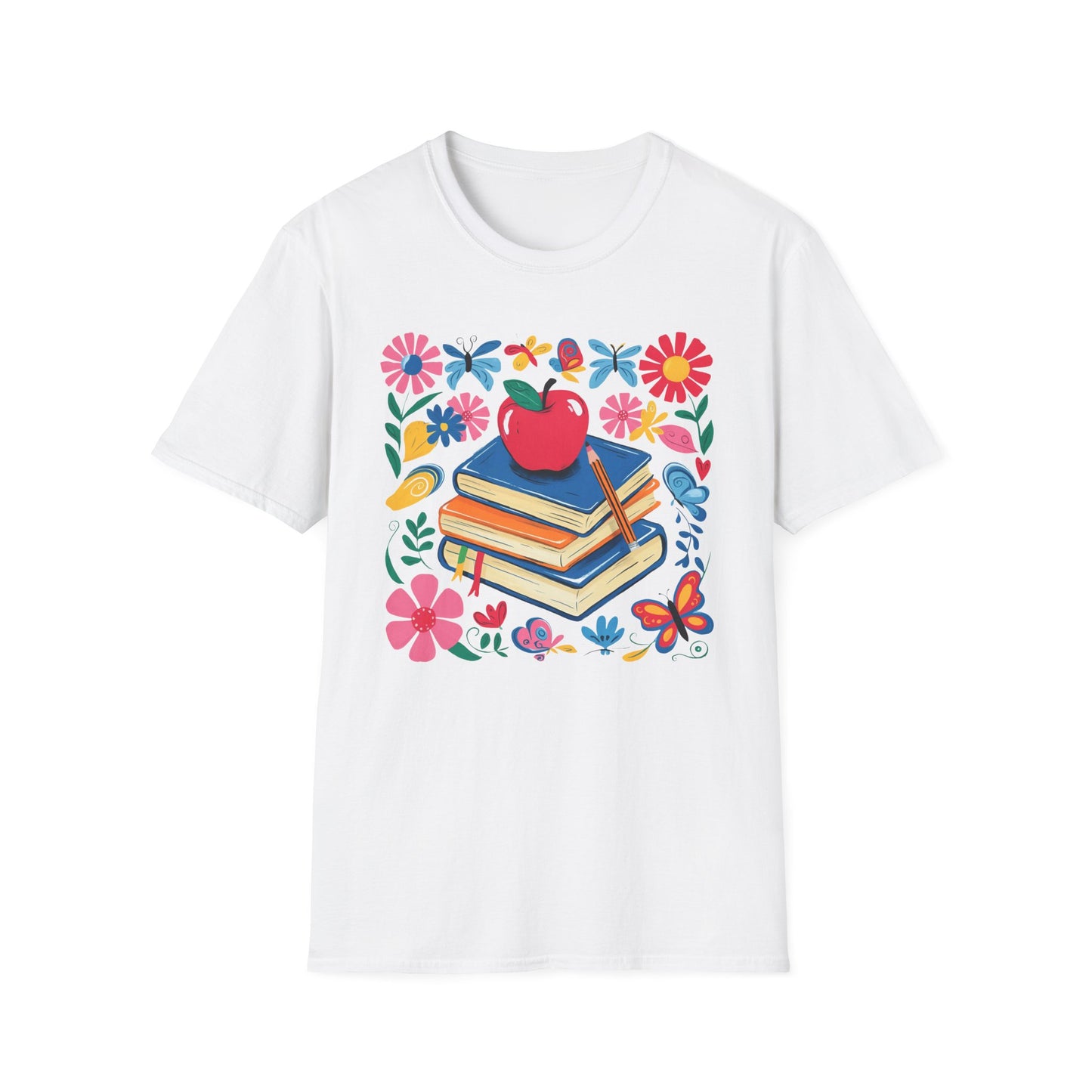 Colorful Apple and Books Unisex Softstyle T-Shirt - Perfect for Teachers and Students
