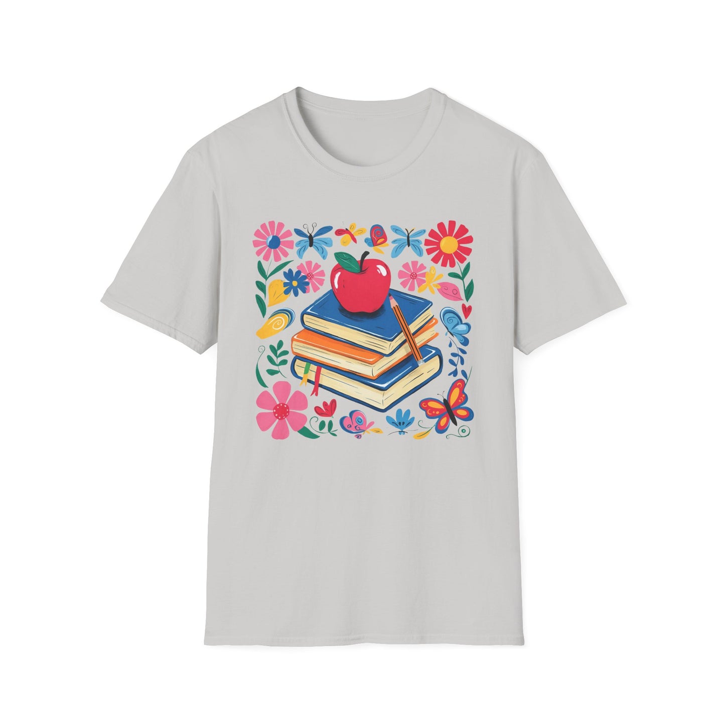 Colorful Apple and Books Unisex Softstyle T-Shirt - Perfect for Teachers and Students