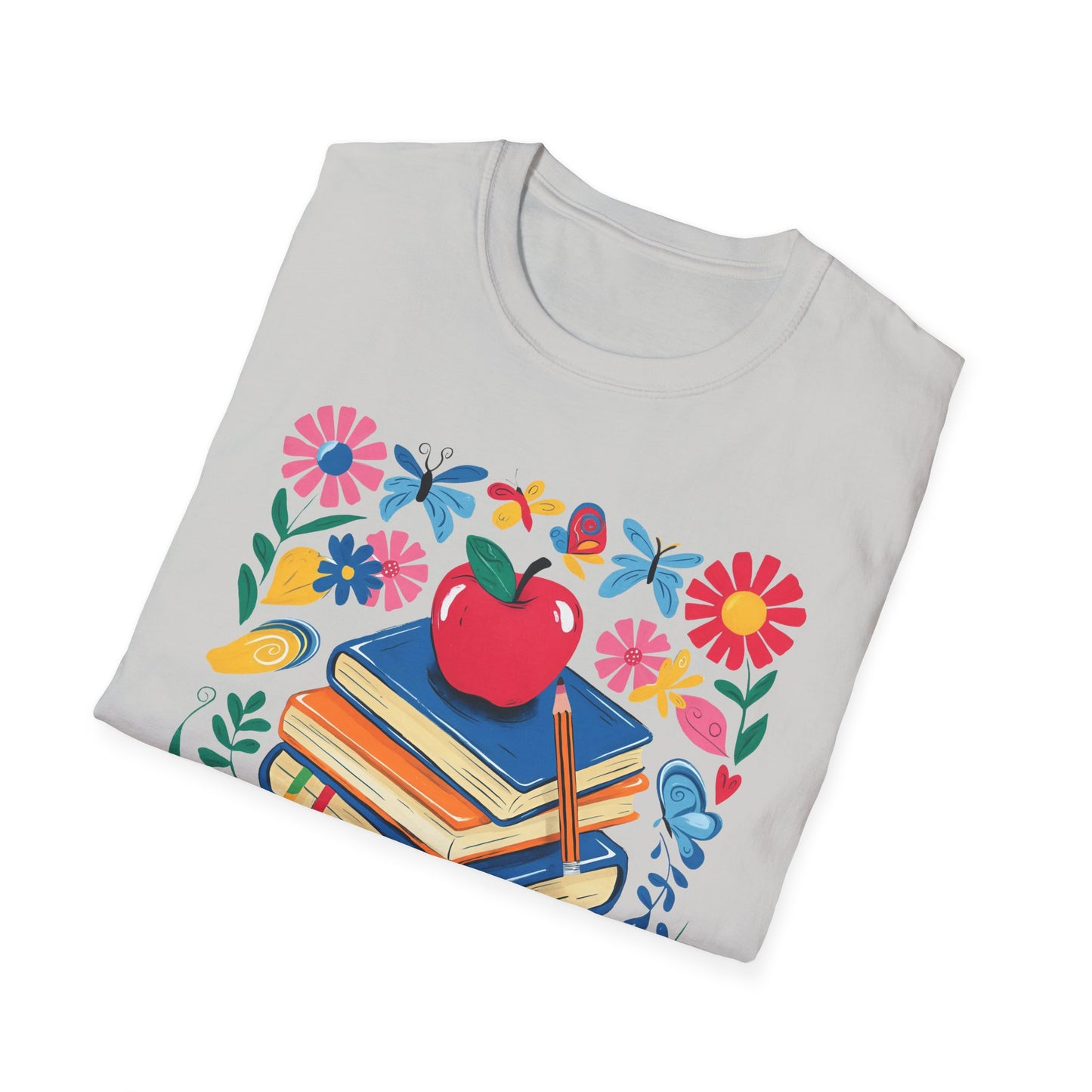 Colorful Apple and Books Unisex Softstyle T-Shirt - Perfect for Teachers and Students