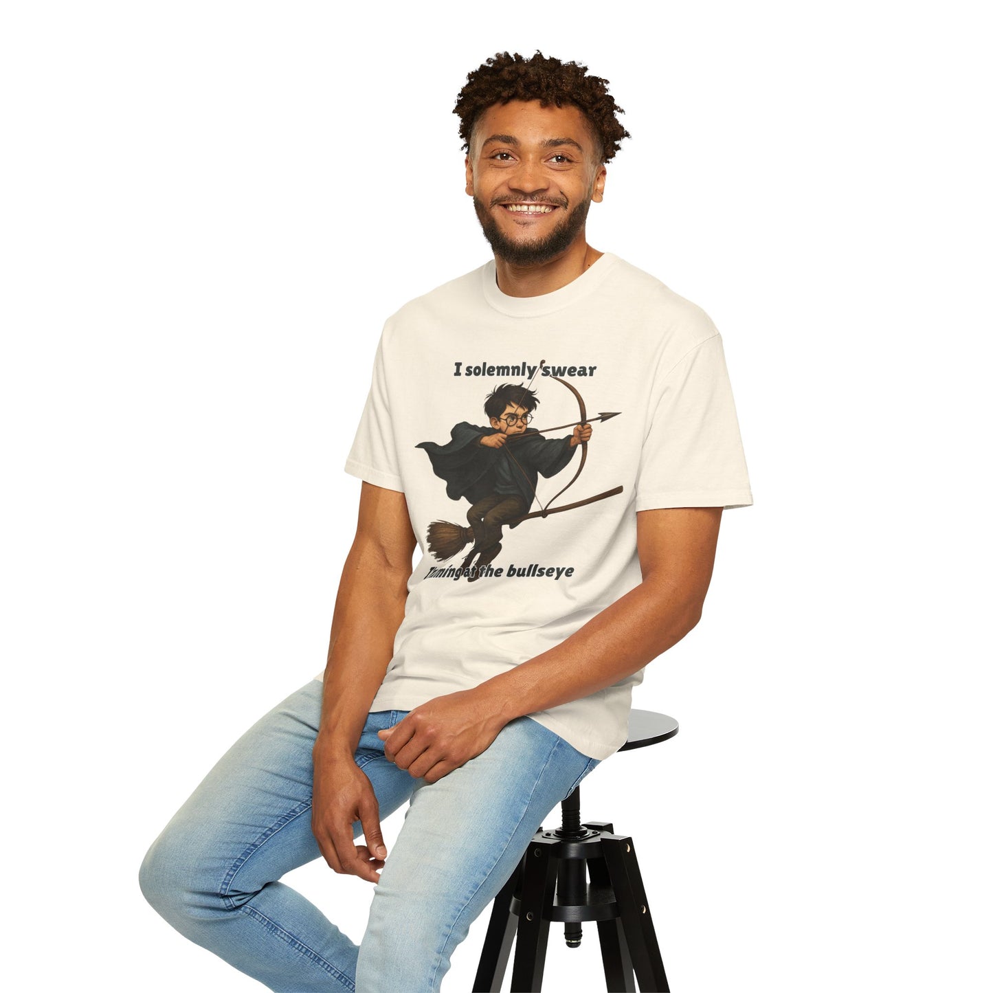 Humorous Wizard Archery T-Shirt, Quirky Gift for Fans, Magic Lover Tee, Cartoon Character Shirt, Ideal for Birthdays & Events