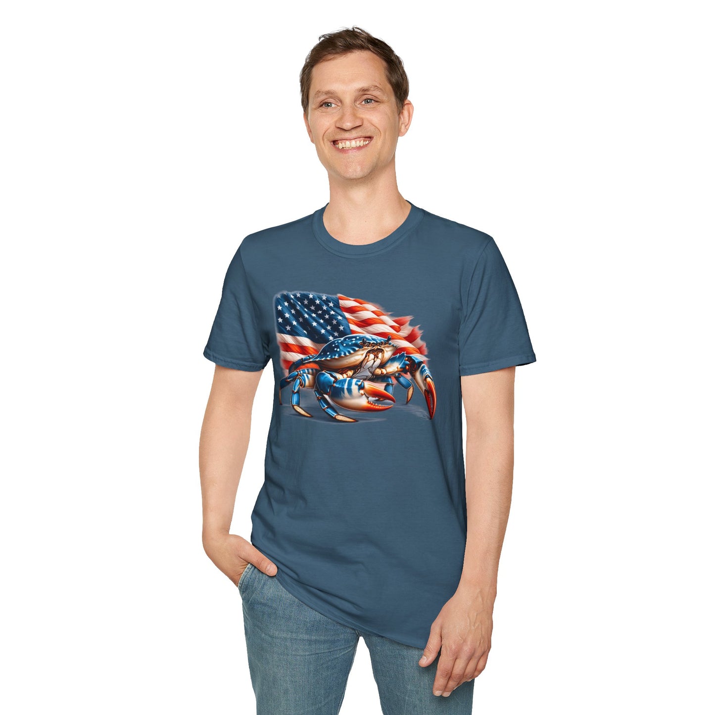 Patriotic Men's T-Shirt with Blue Crab and American Flag Design
