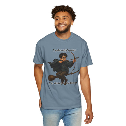 Humorous Wizard Archery T-Shirt, Quirky Gift for Fans, Magic Lover Tee, Cartoon Character Shirt, Ideal for Birthdays & Events