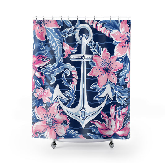 Nautical Floral Shower Curtain - Anchor and Flowers Design for Bathroom Decor