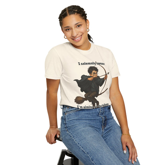 Humorous Wizard Archery T-Shirt, Quirky Gift for Fans, Magic Lover Tee, Cartoon Character Shirt, Ideal for Birthdays & Events