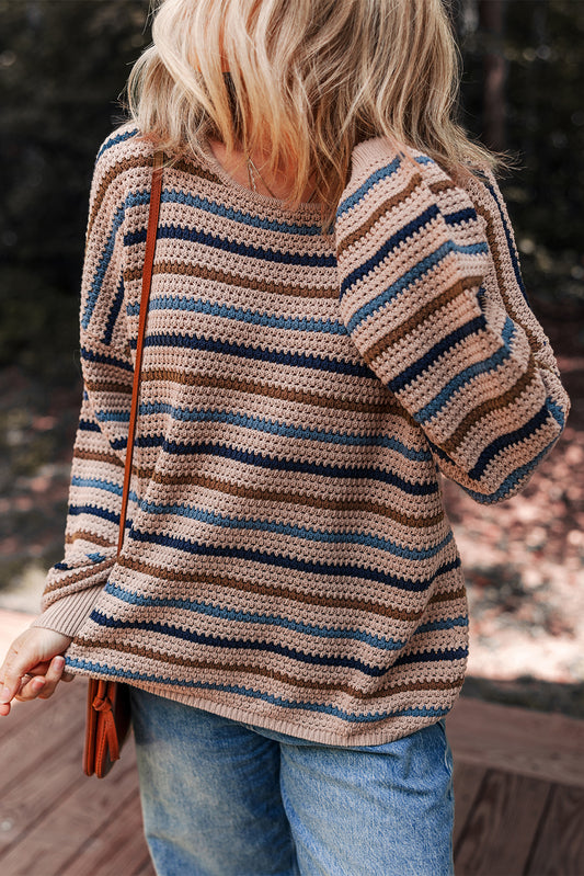 Multicolour Striped Knitted Drop Shoulder Round Neck Sweater