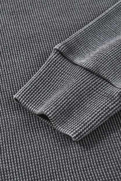Dark Grey Waffle Knit Patchwork Long Sleeve Loose Top