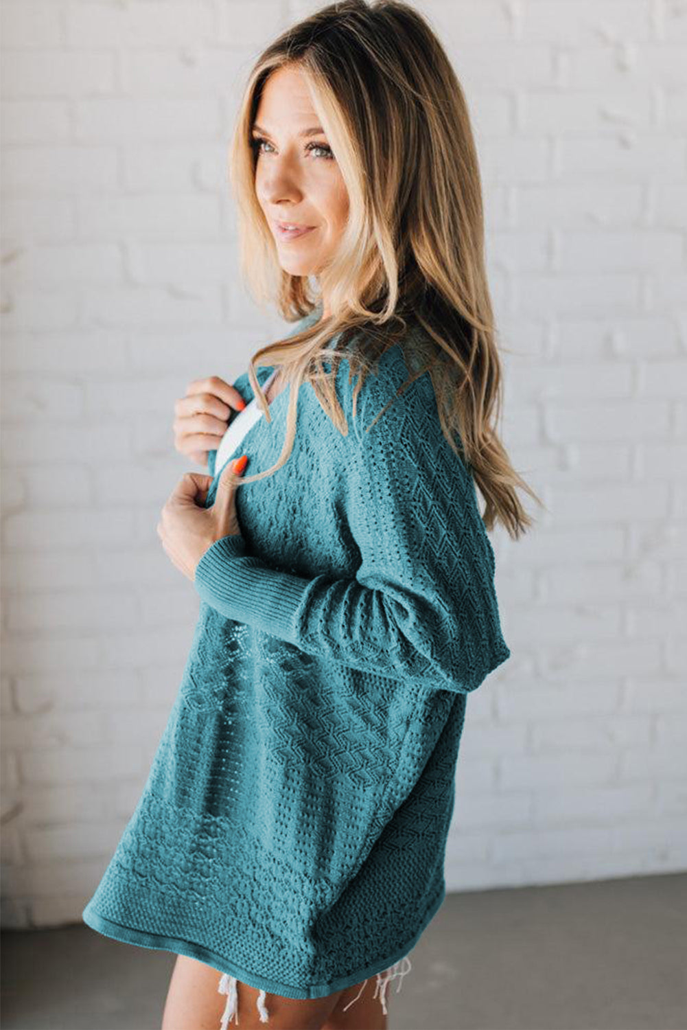 Lapis Mix Pattern Hollowed Knit Open Front Cardigan