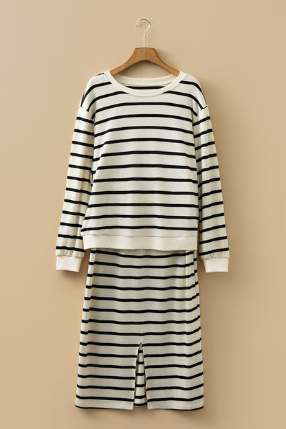 Black Stripe Ribbed Trim Button Cuff Long Sleeve Top Midi Skirt 2pcs Outfit