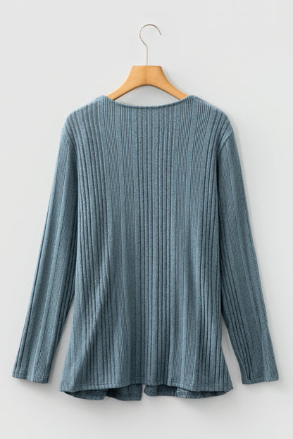 Stone Blue Ribbed Open Front Knitted Top with Pockets
