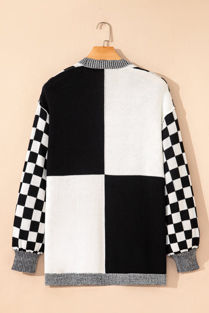 Black Plus Size Checkered Bubble Sleeve Drop Shoulder Open Cardigan