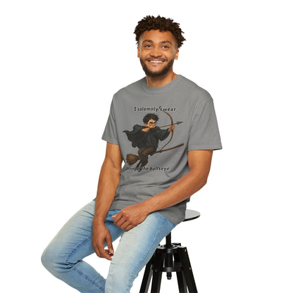 Humorous Wizard Archery T-Shirt, Quirky Gift for Fans, Magic Lover Tee, Cartoon Character Shirt, Ideal for Birthdays & Events