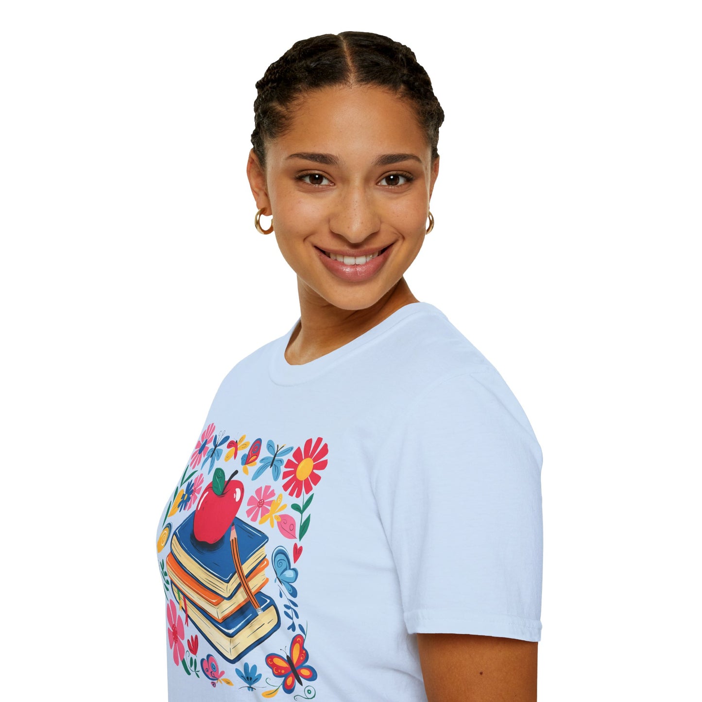 Colorful Apple and Books Unisex Softstyle T-Shirt - Perfect for Teachers and Students