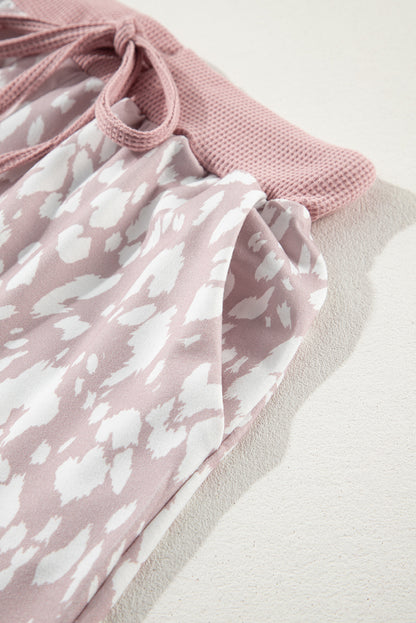 Khaki Classic Leopard Arched Hem Elastic Waistband Casual Shorts