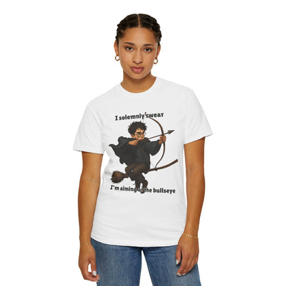 Humorous Wizard Archery T-Shirt, Quirky Gift for Fans, Magic Lover Tee, Cartoon Character Shirt, Ideal for Birthdays & Events