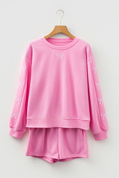 Sachet Pink Girly Bow Embroidered Detail Puff Sleeve Pullover 2pcs Short Set