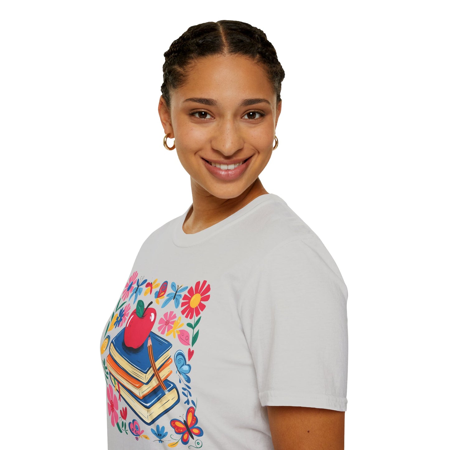 Colorful Apple and Books Unisex Softstyle T-Shirt - Perfect for Teachers and Students