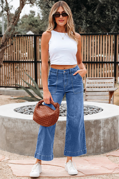Sky Blue Cropped High Rise Wide Leg Jeans