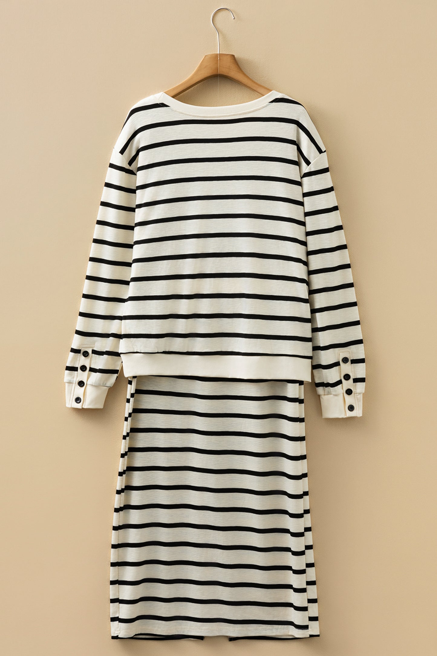 Black Stripe Ribbed Trim Button Cuff Long Sleeve Top Midi Skirt 2pcs Outfit