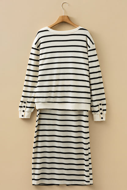 Black Stripe Ribbed Trim Button Cuff Long Sleeve Top Midi Skirt 2pcs Outfit