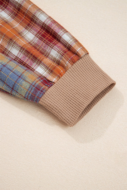 Straw Yellow Waffle Stripe Plaid Patchwork Henley Knit Top