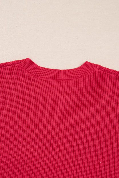 Fiery Red Sequin Bow Accent Drop Shoulder Festive Sweater