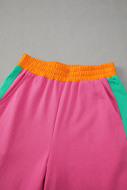 Rose Red 2pcs Color Block Pullover Loose Pant Set