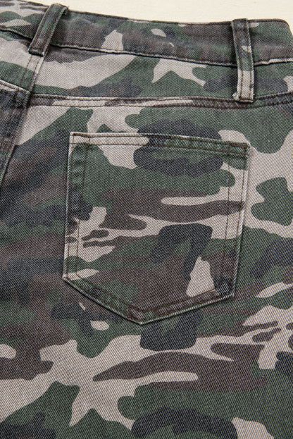 Green Camo Denim Cargo Wide Leg Pants