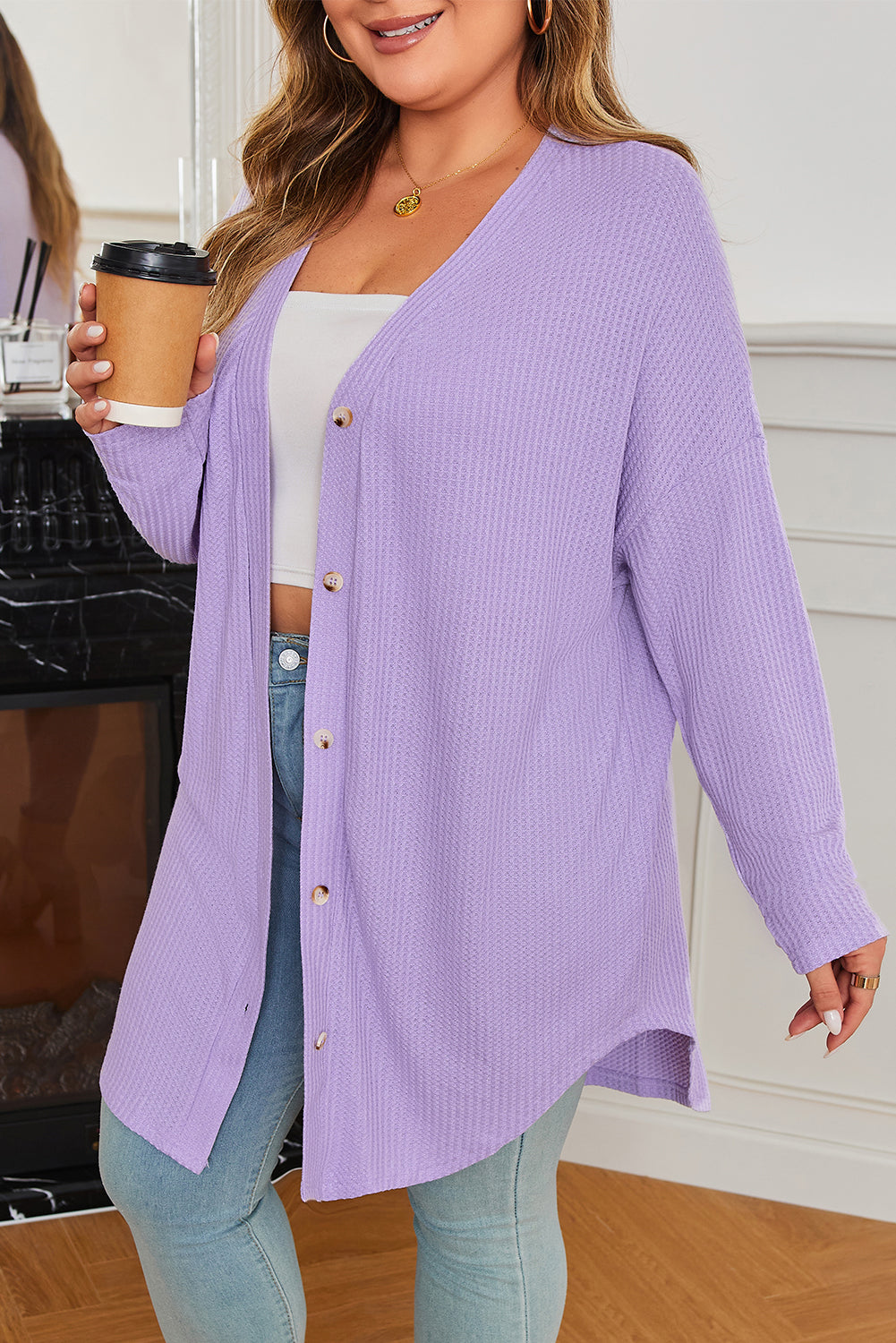 Orchid Petal Plus Size Waffle Knit Button Front Cardigan