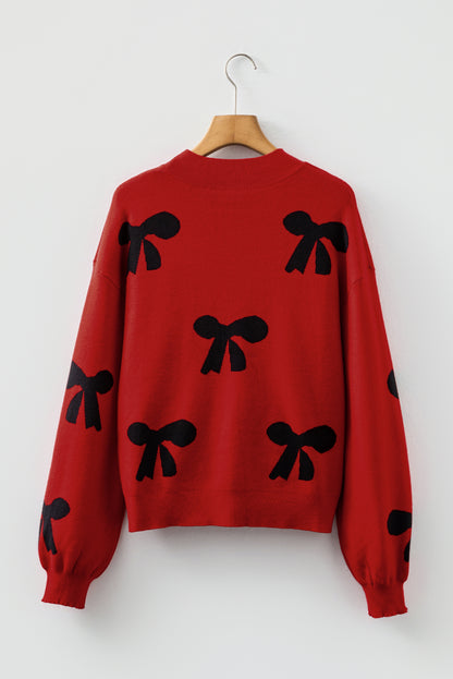 Racing Red Pearl Embellished Bow Pattern Loose Sweater