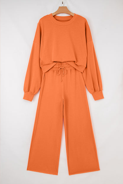 Flamingo Drop Shoulder Puff Sleeve Crop Pullover Drawstring Wide Leg Pants Set