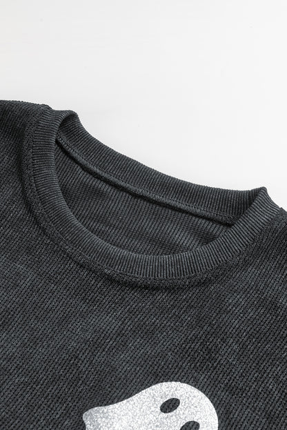 Black Halloween Ghost Corded Crew Neck Loose Sweatshirt