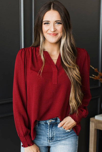 Burgundy Notched Neck Shirred Cuff Long Sleeve Blouse