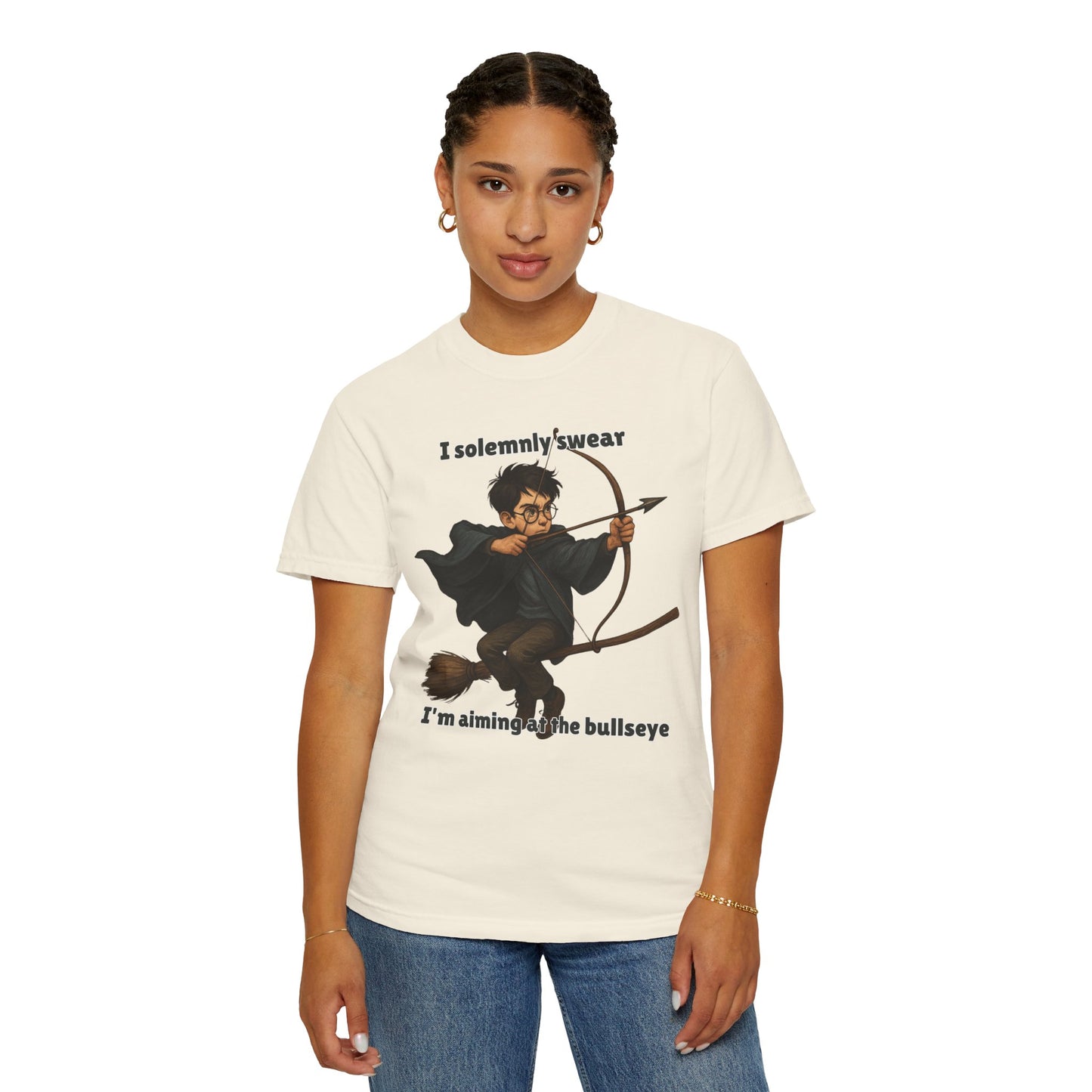 Humorous Wizard Archery T-Shirt, Quirky Gift for Fans, Magic Lover Tee, Cartoon Character Shirt, Ideal for Birthdays & Events