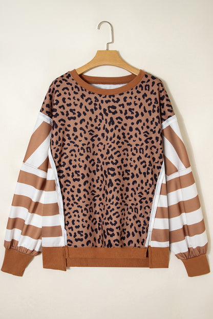 Khaki Leopard Striped Patchwork Plus Size Loose Sweatshirt