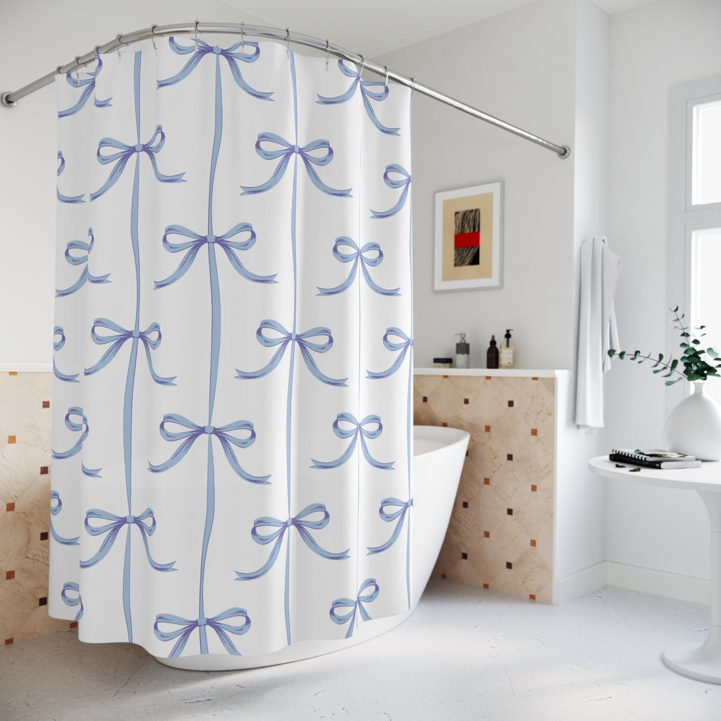 Blue Bow Pattern Shower Curtain - Soft Blue Design for Stylish Bathrooms