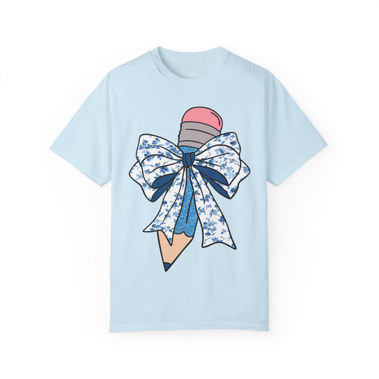 Floral Bow Pencil T-Shirt - Cute & Creative Unisex Garment-Dyed Tee