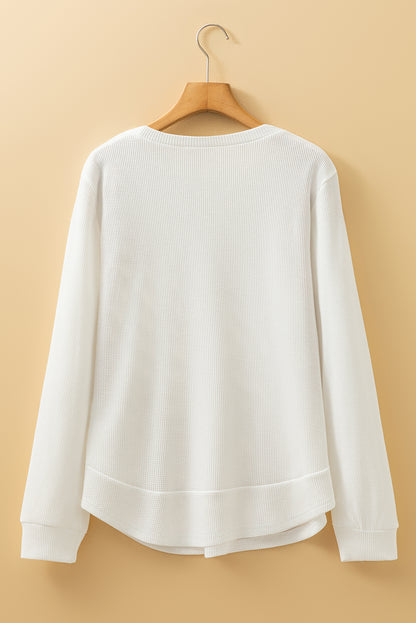 White Rounded Hem Waffle Long Sleeve Top