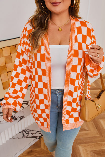 Orange Plus Size Checkered Bubble Sleeve Drop Shoulder Open Cardigan