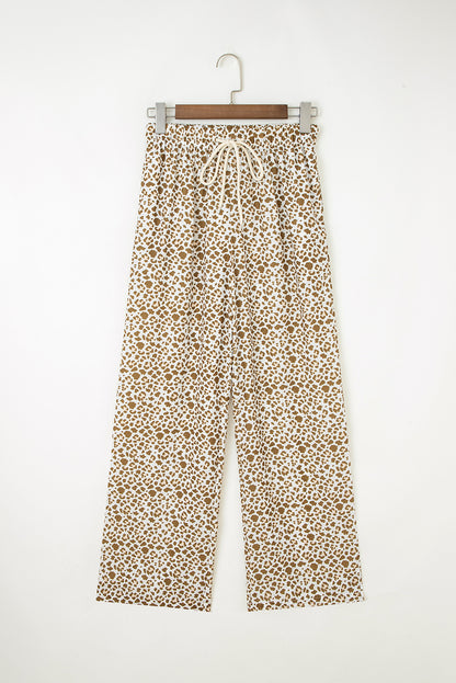 Khaki Leopard Drawstring Elastic Waistband Loose Pants
