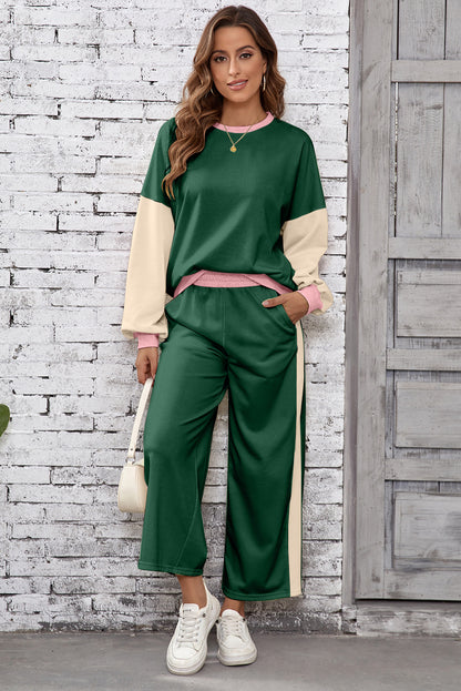 Blackish Green 2pcs Color Block Pullover Loose Pant Set