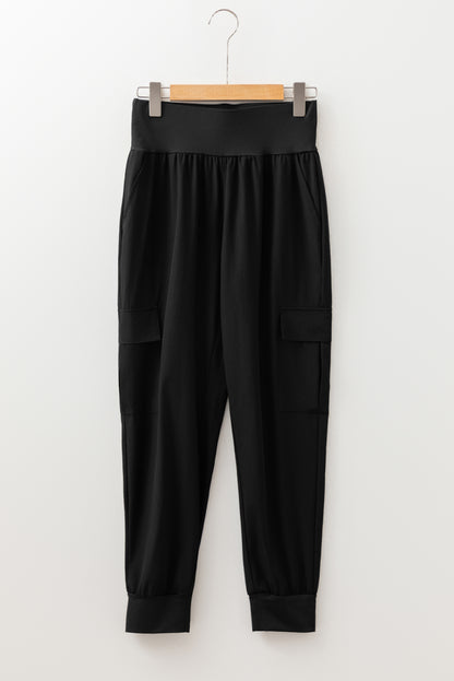 Black Elastic High Waist Pocketed Cargo Jogger Pants