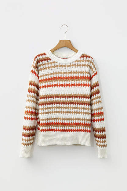 Brown Stripe Eyelet Patterned Drop Shoulder Sweater